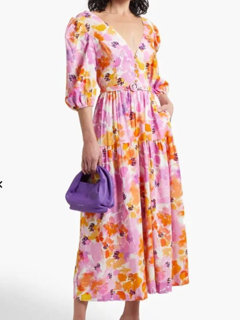 NICHOLAS Celie Floral Linen Blend Midi Dress Pink Orange Belted Size 8